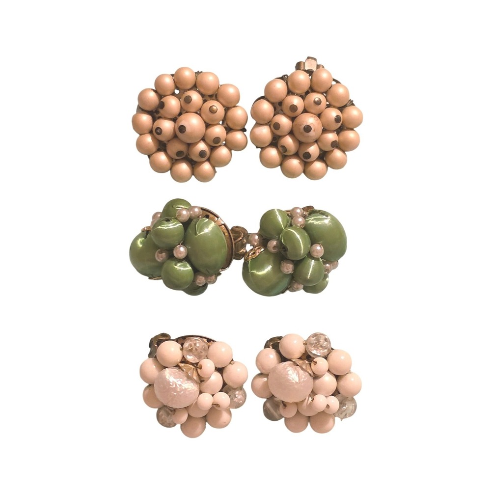 Vintage Japan‎ Sugar Bead Cluster Earrings Lot 3 Pairs MCM Green Multicolor